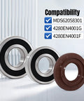 Premium Grade Washer Tub Bearing Seal Kit Replacement For LG And Kenmore Front Load Washers, showing two metal bearings and one rubber seal.