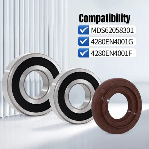 Premium Grade Washer Tub Bearing Seal Kit Replacement For LG And Kenmore Front Load Washers, showing two metal bearings and one rubber seal.