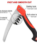 Close-up of Badass Tough As Nails 10 Inch Folding Pruning Saw With SK5 Steel Blade Cuts 6 Inch Branches, showing soft rubber grip and sharp blade.