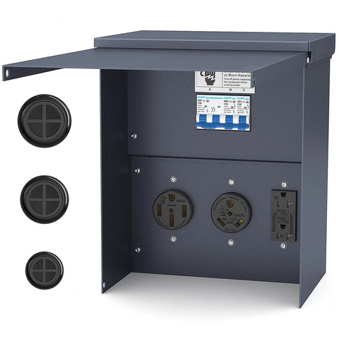Weatherproof Temporary Power Outlet Panel For RV Hookups With 20 30 50 Amp Receptacles Thicker Prewired Heavy Duty Electrical Box UL Listed Ideal For Travel Trailers And Campers