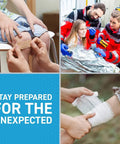 First Aid Kit Refill collage: knee bandage, EMS responders with patient, blue Stay Prepared for the Unexpected panel.