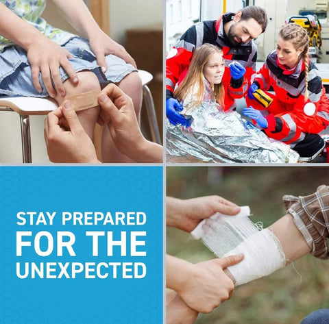 First Aid Kit Refill collage: knee bandage, EMS responders with patient, blue Stay Prepared for the Unexpected panel.