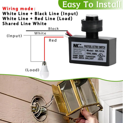 Installation guide for 2 Pack AC Photocell Light Sensors For Outdoor Lighting Auto Dusk To Dawn Switches, showing wiring connection.
