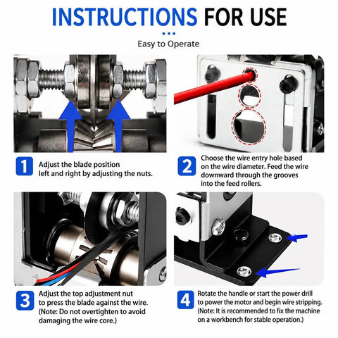 Instructions for using Heavy Duty Wire Stripper Machine For Quick Cable Prepping With Dual Drive Crank Or Drill Mount.