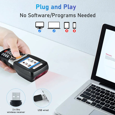 All In One Wireless Barcode Scanner And Inventory Collector With USB Connection Portable Data Terminal next to laptop