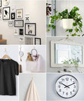 Collage showing the use of 184 Piece Picture Hanging Kit With Gold Finish Hooks And Nails For Drywall And Wood Walls.