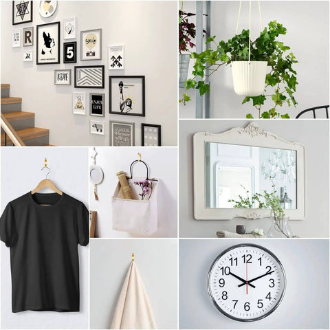 Collage showing the use of 184 Piece Picture Hanging Kit With Gold Finish Hooks And Nails For Drywall And Wood Walls.