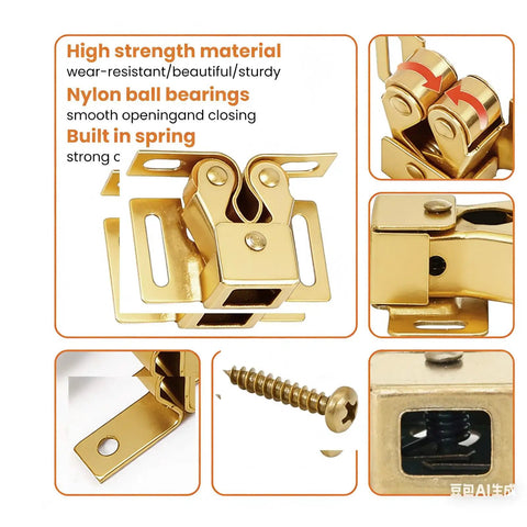 Gold Double Roller Cabinet Latch Set with Spring Loaded Door Catch featuring durable gold finish and components.
