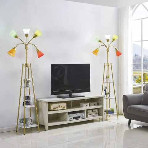 Medusa Multi Head LED Floor Lamp With Shelves, Five Adjustable Goosenecks, living room setup, sleek gold finish, ten shades