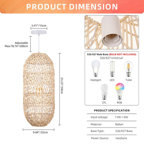 Boho Chic Natural Rattan Pendant Light With Woven Shade, E26/E27 Compatible, Dimensions and Specifications