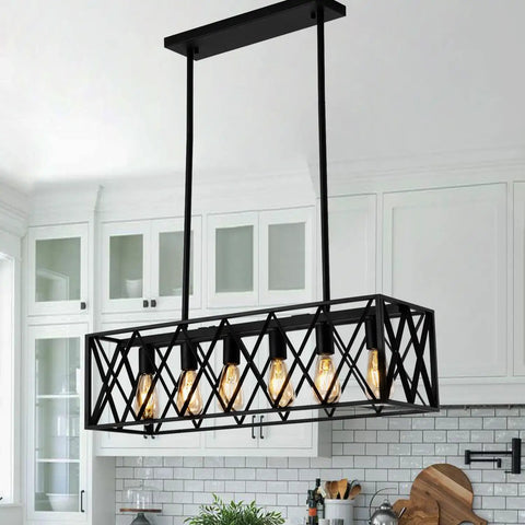 Farmhouse Style 6 Light Black Metal Industrial Pendant Lighting For Dining Room And Kitchen Island Vintage Rectangular Linear Chandelier