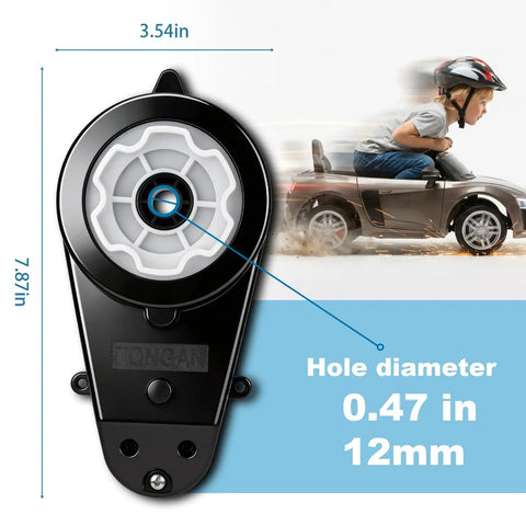 2 Pack 12V RS550 40000RPM High Speed Kids Ride On Car Motor Gearbox with measurements and child riding toy car.