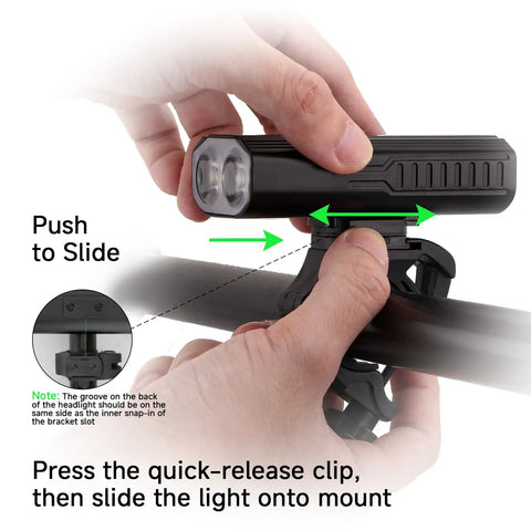 Heavy Duty Aluminum Bike Light Mount Bracket For Handlebar Mounting Fits BHL001 Headlights Easy Install shown being attached