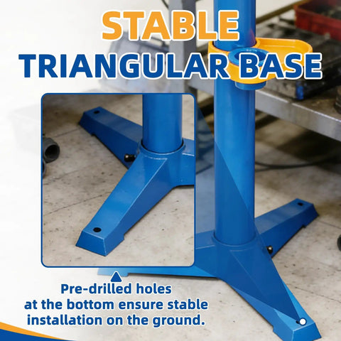 Stable triangular base of the Rock Solid Heavy Duty Bench Grinder Stand With Integrated Vise And Floor Pedestal supporting stability for heavy tasks.