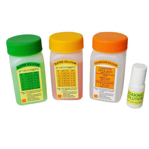 Calibration and buffer solutions for On The Go 6 In 1 Waterproof Water Quality Meter Pocket Size All In One Tester bottles