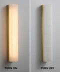 Modern Linear Alabaster Wall Sconce Featuring Polished Copper Base And Three Switchable Color Modes For Chill Bedroom And Living Room Super Sleek Bar Lamp Fixture, on and off views