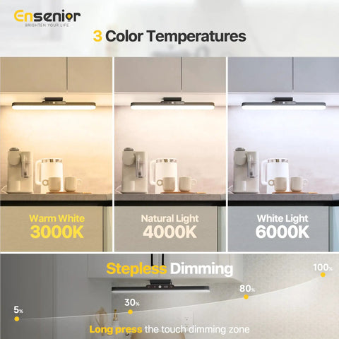 Motion Sensor Light Bar With Rechargeable Battery displaying three color temperatures: warm, natural, and white lighting, with dimming options.