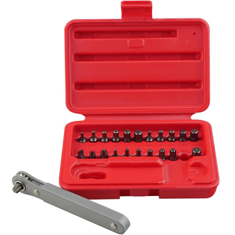 Ultra Low Profile Screwdriver Bit Set With Mini Ratchet Wrench For One Quarter Inch Drive, Twenty Three Piece, S2 Steel Bits In A Compact Blow Molded Case Handy For Tight Spaces And Auto Electronics And Furniture Repairs