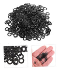 500 Piece Wave Washers Kit: Heavy-Duty Steel Spring Washers, Crinkle Crimped Sealing, Compression Type To Prevent Loosening, Vibration And Shock Resistant Gasket Washers For Machinery, Bolts, Fasteners, Gearheads And DIY Projects. black steel wave washers in a 500-piece kit, shown in pile and hand