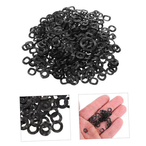 500 Piece Wave Washers Kit: Heavy-Duty Steel Spring Washers, Crinkle Crimped Sealing, Compression Type To Prevent Loosening, Vibration And Shock Resistant Gasket Washers For Machinery, Bolts, Fasteners, Gearheads And DIY Projects. black steel wave washers in a 500-piece kit, shown in pile and hand