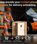 Delivery worker handling a wooden crate in a warehouse with delivery truck in background for scheduling.
