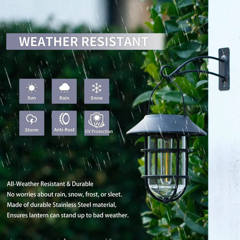 Outdoor Solar Lanterns With Hooks on wall, waterproof metal, rust-resistant aluminum, clear glass, garden decor under rain.