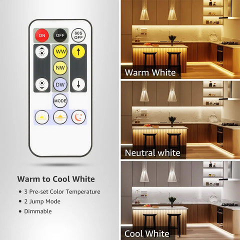 Remote control for Tunable White LED Strip Light 16.4 Ft Warm To Cool White, dimmable kitchen lighting demonstration.