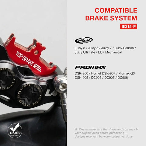 High Performance Disc Bike Brake Pads For AVID SRAM BB7 Mechanical And Juicy Series Plus PROMAX DSK DC highlighted on caliper