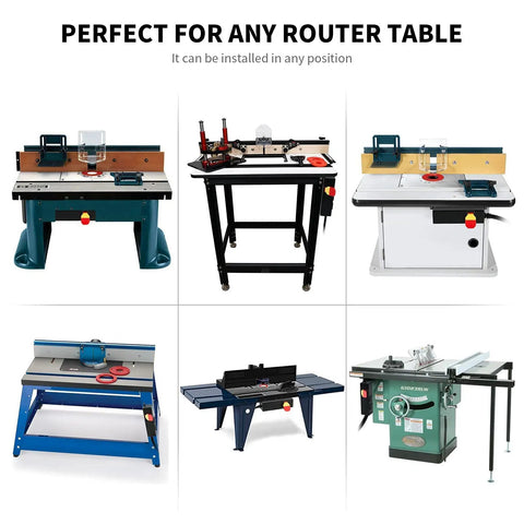 Heavy Duty Keylock Router Table Switch With Dual Power Outlets No Sweat Install For Any Professional Woodshop 125V 15Amp mounted on various router tables.