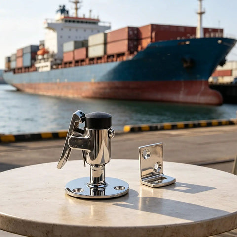 Heavy Duty Marine Grade 316 Stainless Steel Door Holder Catch With Rubber Bumper To Stop Slamming Noise And Keep Your RV Or Yacht Door Securely Locked In Place Without Rusting In Saltwater Conditions on a table with a cargo ship in the background.