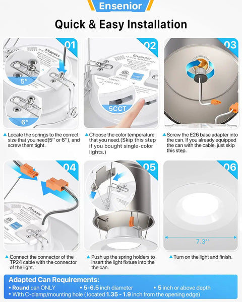 Installation steps for 24 Pack 5/6 Inch LED Can Lights Retrofit Recessed Lighting with Dimmable Smooth Metal Trim, 6000K Daylight White, 1100LM.