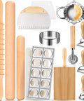 All In One Pasta Making Tools Set For Home Cooks, 14 Piece Ravioli Mold Kit With Wooden Handle, Roller Wheel Cutter, And Ravioli Press Mold