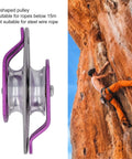 Beefy Outdoor Climbing Rescue Pulley With Swing Plate, 32KN Capacity, showing side view, aluminum magnesium alloy construction
