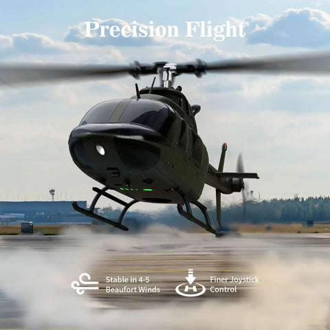 Ultra Realistic 27 To 1 Scale RC Helicopter With Auto Hover Bell OH 58 Style Collectible Model in flight, precision control shown