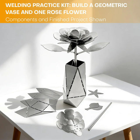 3D Rose And Vase Welding Practice Kit For Beginners DIY In 201 Stainless Steel shown with geometric vase and rose components