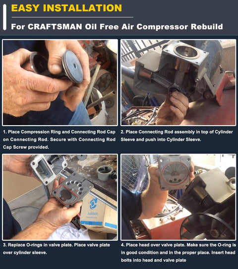 Steps for using Oil Free Air Compressor Rebuild Kit With Cylinder Sleeve And Compression Ring for Craftsman unit installation