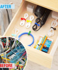 Reusable Magnetic Silicone Cable Ties 9 Inch Twist Ties organizing cords in a drawer, before and after view, 20 Pack, 10 Colors