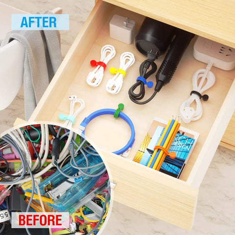 Reusable Magnetic Silicone Cable Ties 9 Inch Twist Ties organizing cords in a drawer, before and after view, 20 Pack, 10 Colors