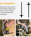 Pro Grade Edge Rip Guide For Circular Saw With Low Friction Tracks And Twist Lock Knobs in use on plywood for precise cutting.
