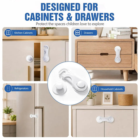 One Hand Release Kid Proof Cabinet Locks No Drill Adhesive For Cabinets And Drawers Keeps Curious Kids Out Of Kitchen Bathroom And Storage Areas Easy Install 12 Pack, shown on kitchen and household cabinets, drawers, and refrigerator