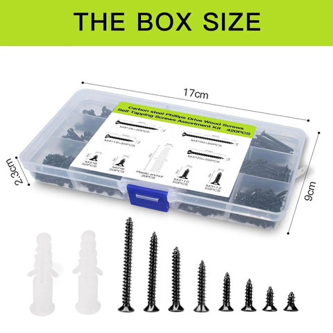 M3 Flat Head Wood Screws Assortment Kit 420 Pcs Self Tapping Phillips Drive Carbon Steel box with screws and anchors displayed