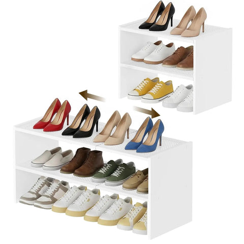 Expandable Shoe Rack Two Tier Adjustable Entryway Organizer Holds Up To Twelve Pairs Of Shoes For Small Spaces Space Saver Easy To Assemble.