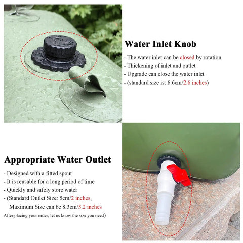 Close-up of Heavy Duty Large Capacity Water Tote For Outdoor Garden Farm And Emergency Cistern With Spout Valve and Faucet Hose Connection