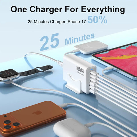 GaN Desktop Charging Hub 165W Six-Port USB C And USB A Fast Charger for iPhone 17, charging multiple devices on a desk
