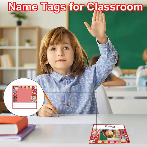Kid Friendly Photo Desk Nameplates Set 36 Self Adhesive Name Tags With Photo Space For Classrooms And Desks in use by a student