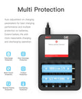 Displaying multi-protection settings on Six Slot Smart Battery Charger And Analyzer with two 18650 batteries inserted.