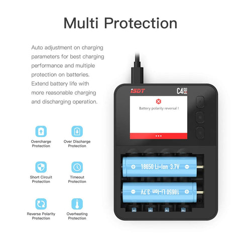 Displaying multi-protection settings on Six Slot Smart Battery Charger And Analyzer with two 18650 batteries inserted.