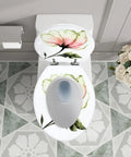 Elongated Toilet Seat Resin Quiet Close for Bathroom with floral design on lid, fitting standard toilets.
