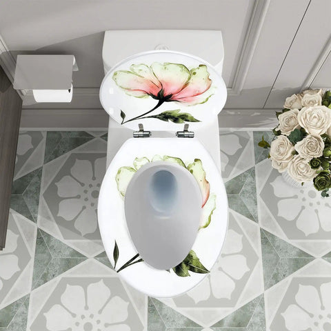 Elongated Toilet Seat Resin Quiet Close for Bathroom with floral design on lid, fitting standard toilets.