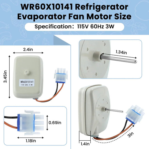 Refrigerator Evaporator Fan Motor Replacement WR60X10141 For GE And Similar Refrigerators 115V 60Hz 3W with shaft dimensions